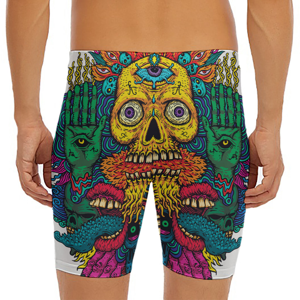 Psychedelic Skull Print Men's Long Boxer Briefs