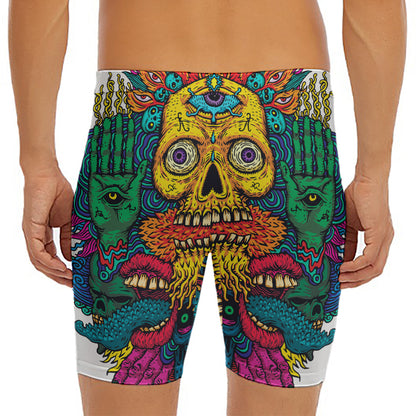 Psychedelic Skull Print Men's Long Boxer Briefs