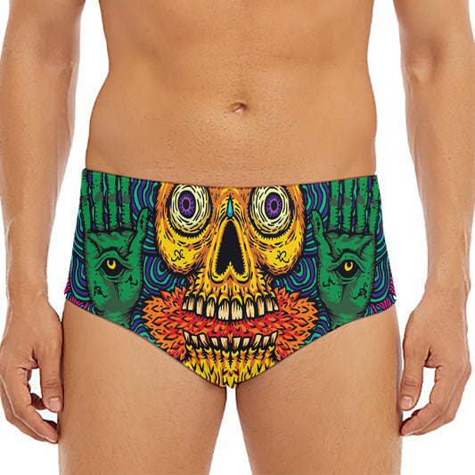 Psychedelic Skull Print Men's Triangle Swim Briefs