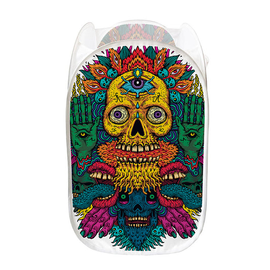 Psychedelic Skull Print Mesh Laundry Hamper