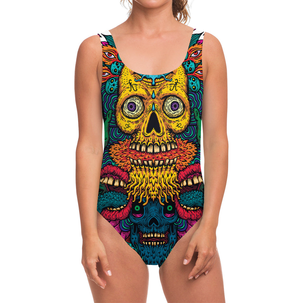 Psychedelic Skull Print One Piece Swimsuit
