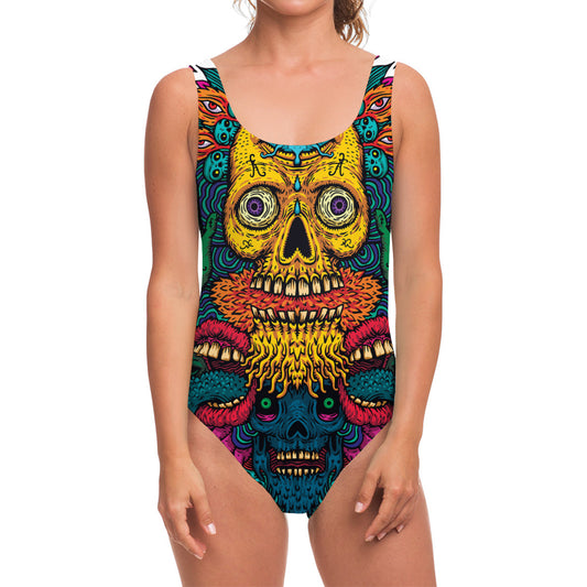 Psychedelic Skull Print One Piece Swimsuit