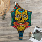 Psychedelic Skull Print One Shoulder Bodysuit