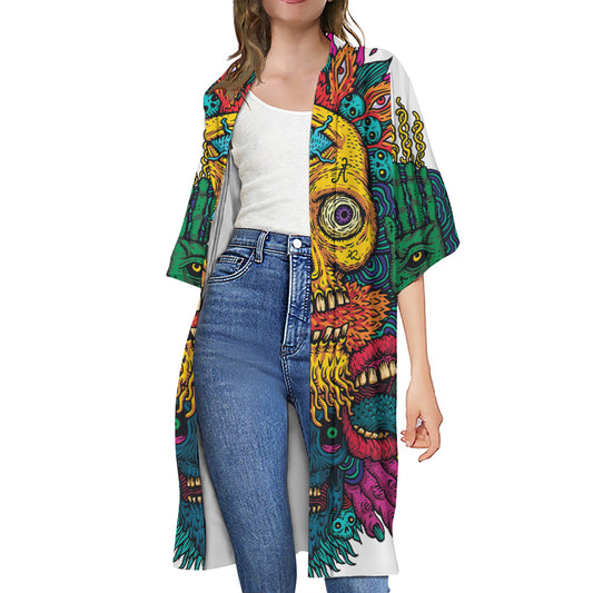 Psychedelic Skull Print Open Front Beach Cover Up
