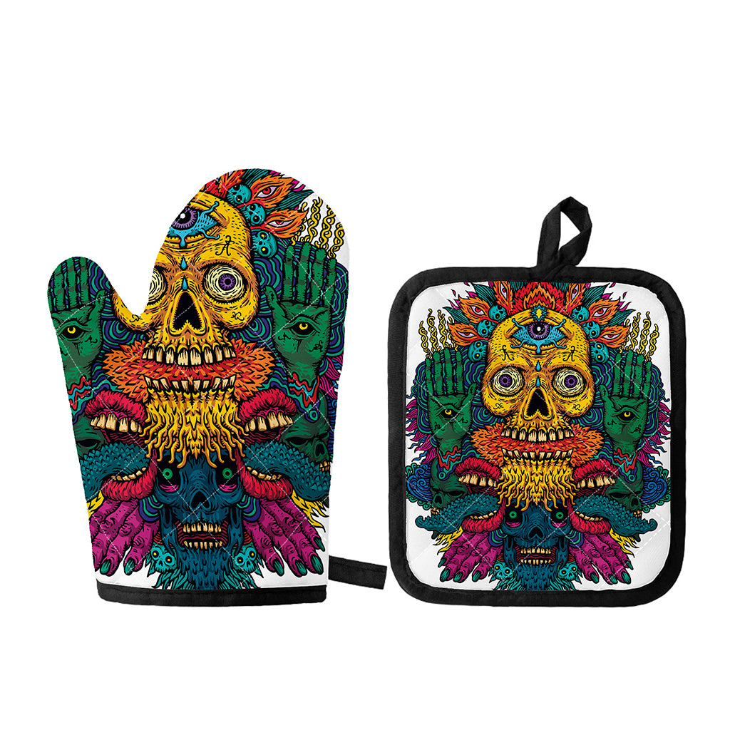 Psychedelic Skull Print Oven Mitt And Pot Holder Set