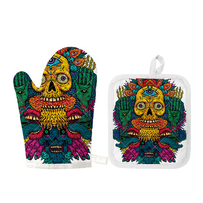 Psychedelic Skull Print Oven Mitt And Pot Holder Set