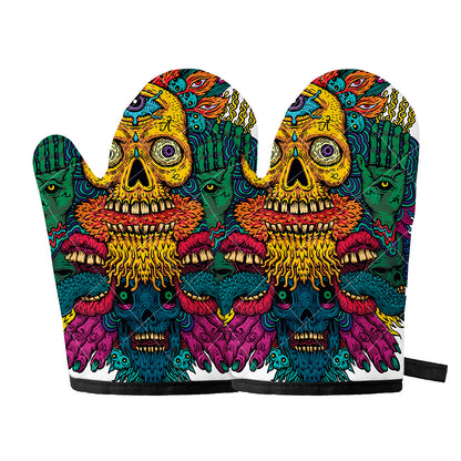 Psychedelic Skull Print Oven Mitts