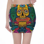 Psychedelic Skull Print Pencil Mini Skirt