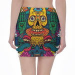 Psychedelic Skull Print Pencil Mini Skirt