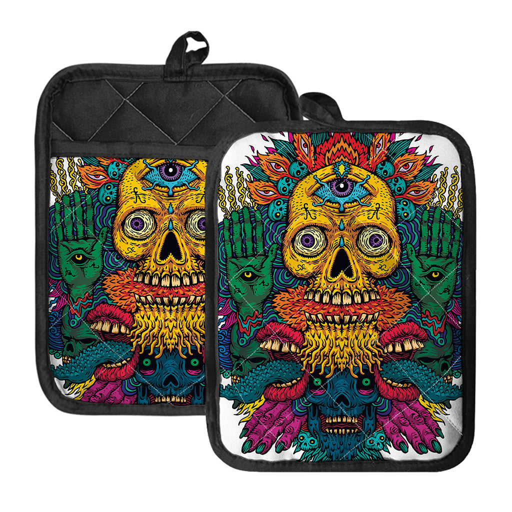 Psychedelic Skull Print Pot Holders With Pocket