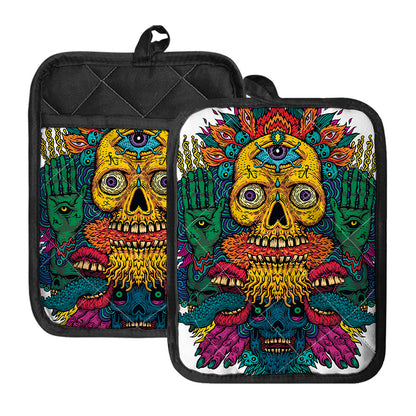 Psychedelic Skull Print Pot Holders With Pocket