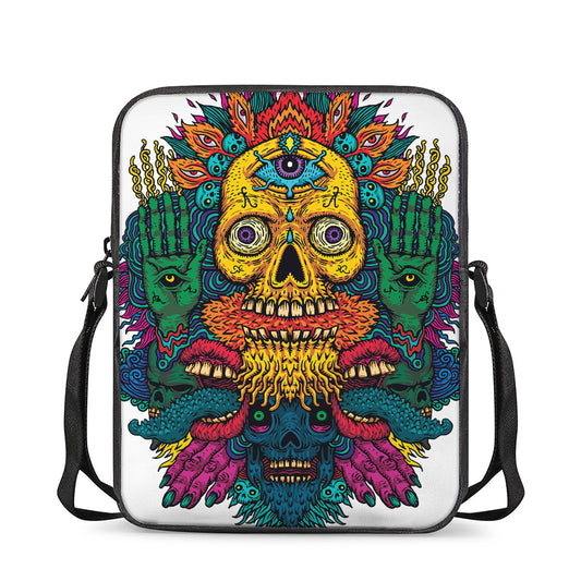 Psychedelic Skull Print Rectangular Crossbody Bag