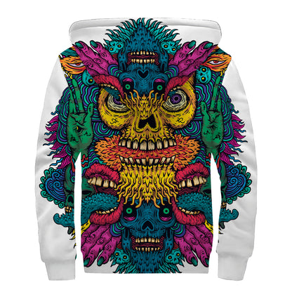 Psychedelic Skull Print Sherpa Lined Zip Up Hoodie
