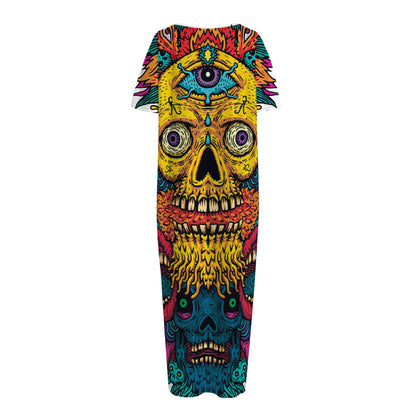 Psychedelic Skull Print Short Sleeve Long Nightdress