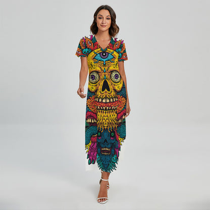 Psychedelic Skull Print Short Sleeve Maxi Dress
