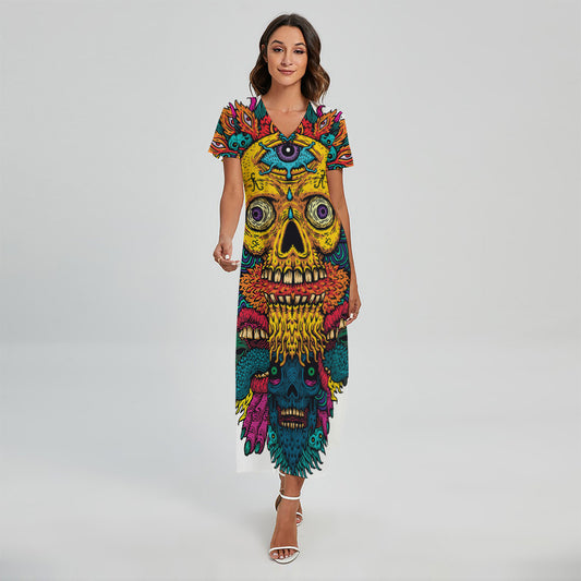 Psychedelic Skull Print Short Sleeve Maxi Dress