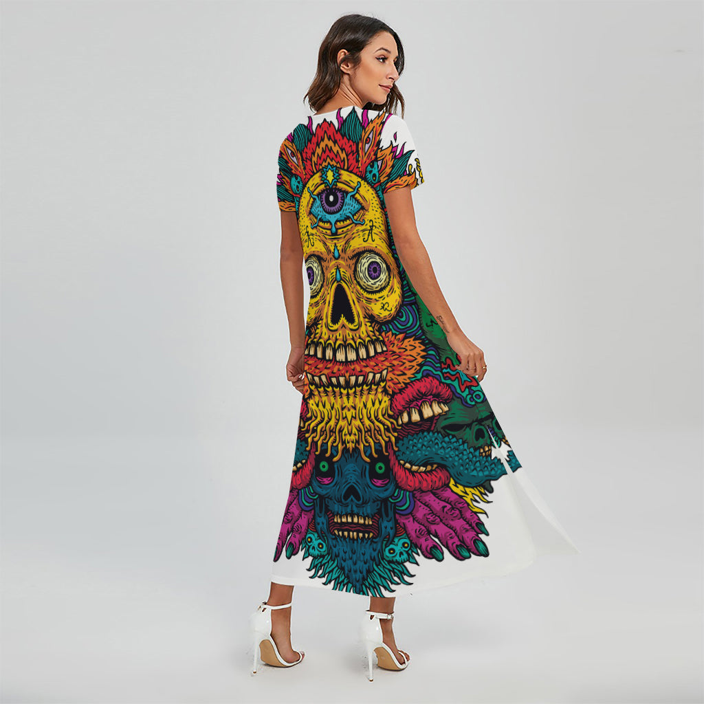 Psychedelic Skull Print Short Sleeve Maxi Dress