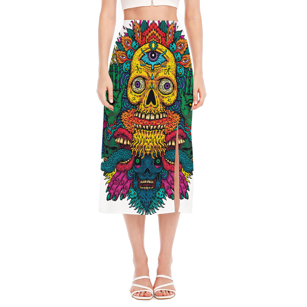 Psychedelic Skull Print Side Slit Midi Skirt