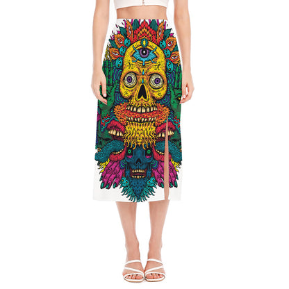 Psychedelic Skull Print Side Slit Midi Skirt