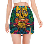 Psychedelic Skull Print Side Slit Mini Skirt