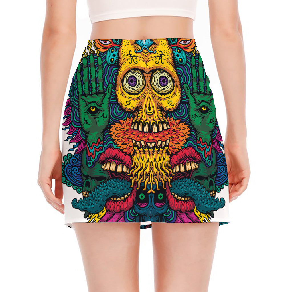 Psychedelic Skull Print Side Slit Mini Skirt