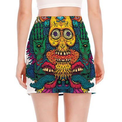 Psychedelic Skull Print Side Slit Mini Skirt