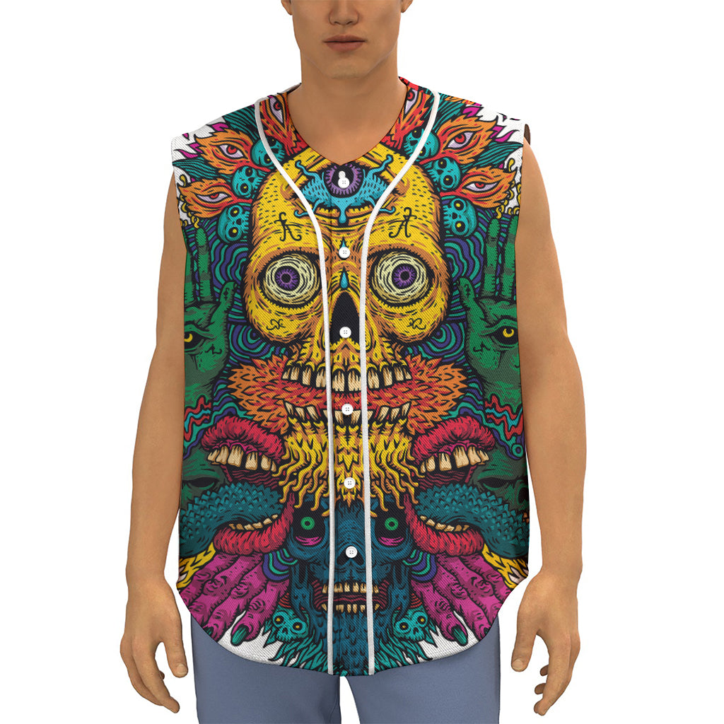 Psychedelic Skull Print Sleeveless Baseball Jersey