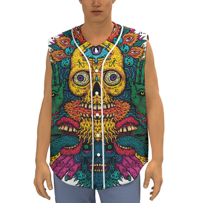 Psychedelic Skull Print Sleeveless Baseball Jersey