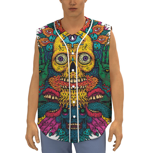Psychedelic Skull Print Sleeveless Baseball Jersey