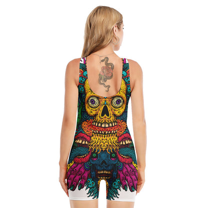 Psychedelic Skull Print Sleeveless One Piece Swimsuit
