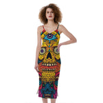 Psychedelic Skull Print Slim Fit Midi Cami Dress