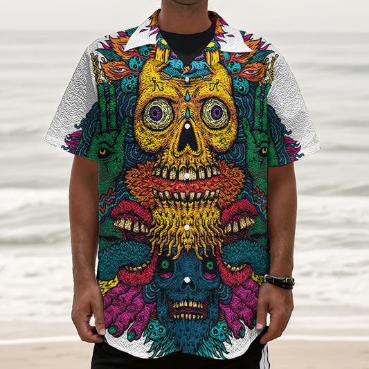 Psychedelic Skull Print Textured Short Sleeve Shirt