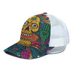 Psychedelic Skull Print White Mesh Trucker Cap