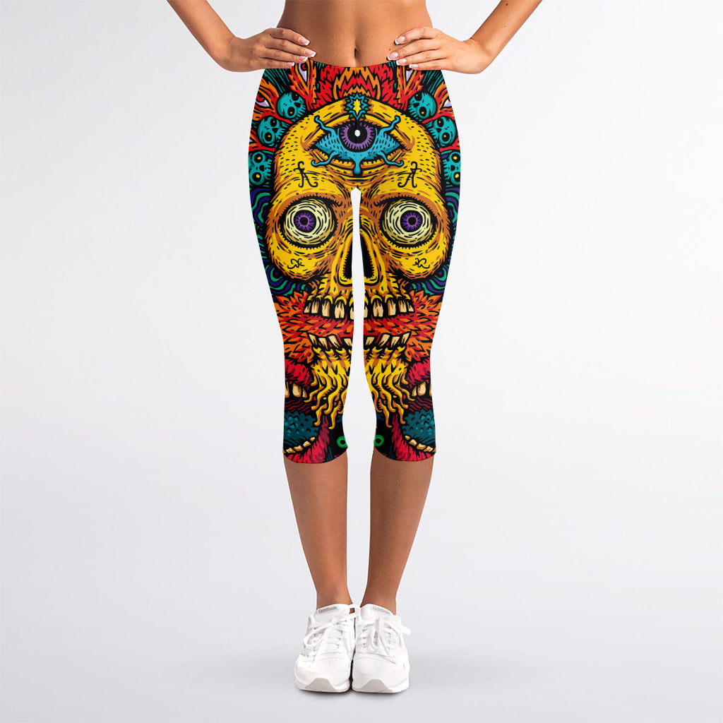 Psychedelic Skull Print Women's Capri Leggings