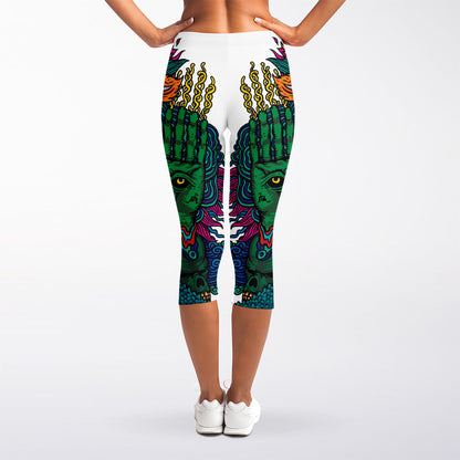 Psychedelic Skull Print Women's Capri Leggings