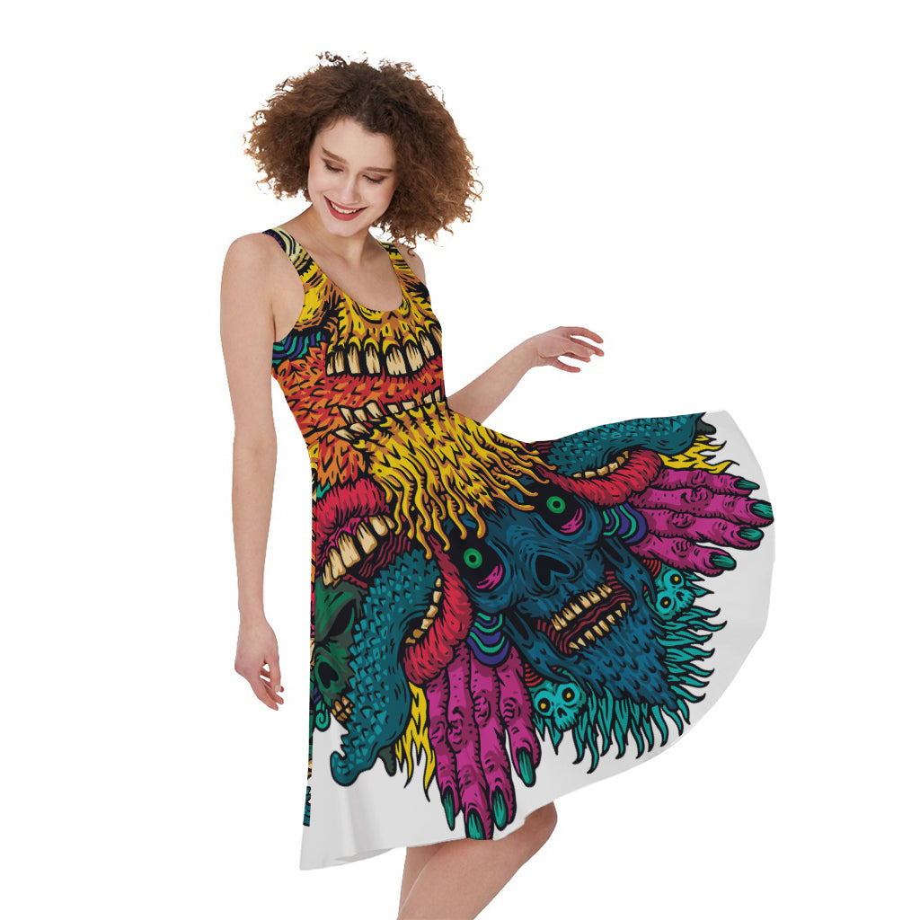 Psychedelic Skull Print Women's Sleeveless Dress