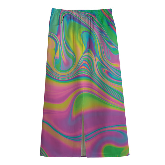 Psychedelic Soap Bubble Print Cotton Front Slit Maxi Skirt
