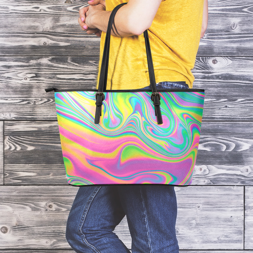 Psychedelic Soap Bubble Print Leather Tote Bag