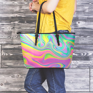 Psychedelic Soap Bubble Print Leather Tote Bag