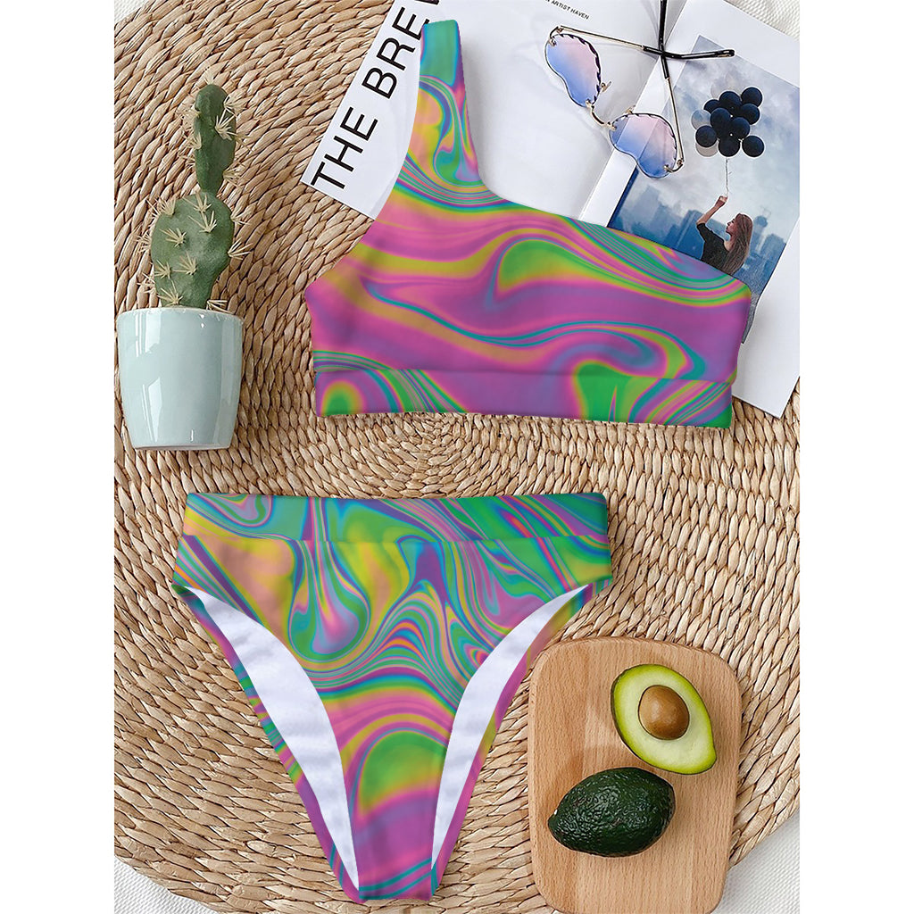 Psychedelic Soap Bubble Print One Shoulder Bikini Top