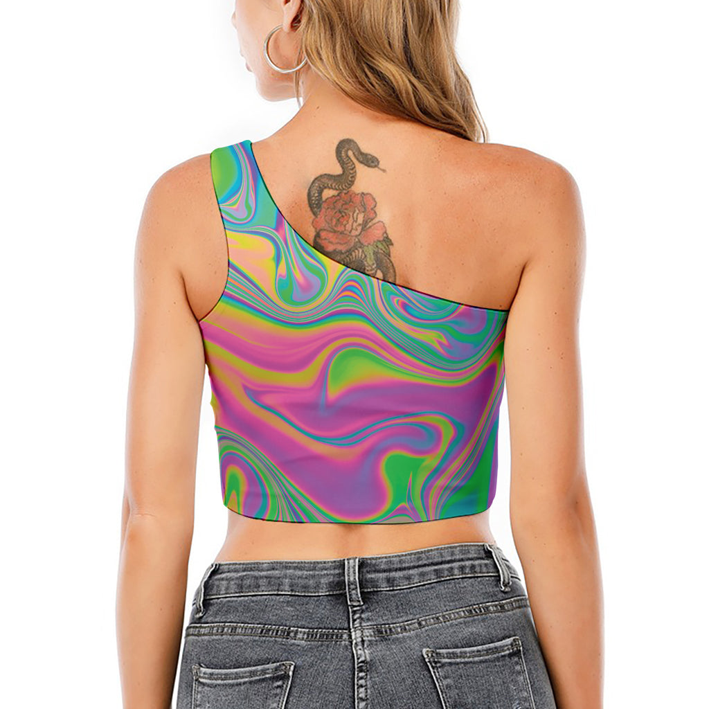 Psychedelic Soap Bubble Print One Shoulder Crop Top