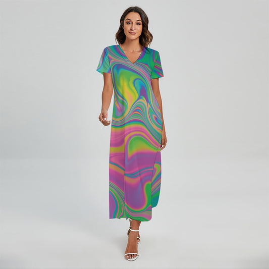 Psychedelic Soap Bubble Print Short Sleeve Maxi Dress