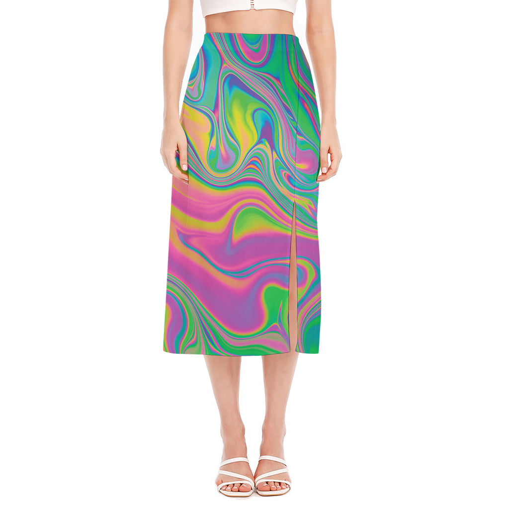 Psychedelic Soap Bubble Print Side Slit Midi Skirt