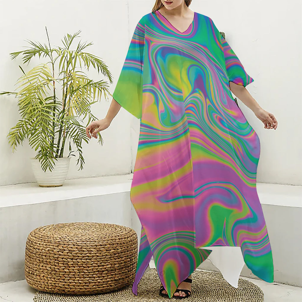 Psychedelic Soap Bubble Print Silk V-Neck Kaftan Dress