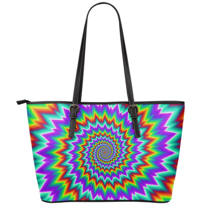 Psychedelic Spiral Optical Illusion Leather Tote Bag