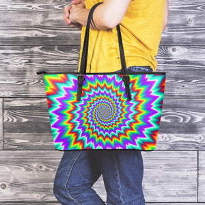 Psychedelic Spiral Optical Illusion Leather Tote Bag