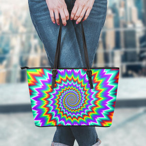Psychedelic Spiral Optical Illusion Leather Tote Bag