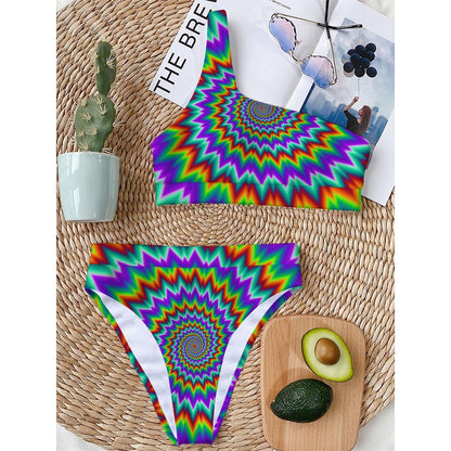 Psychedelic Spiral Optical Illusion One Shoulder Bikini Top