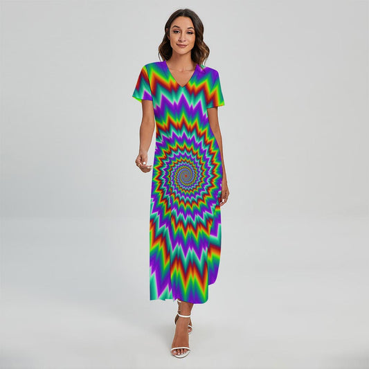 Psychedelic Spiral Optical Illusion Short Sleeve Maxi Dress