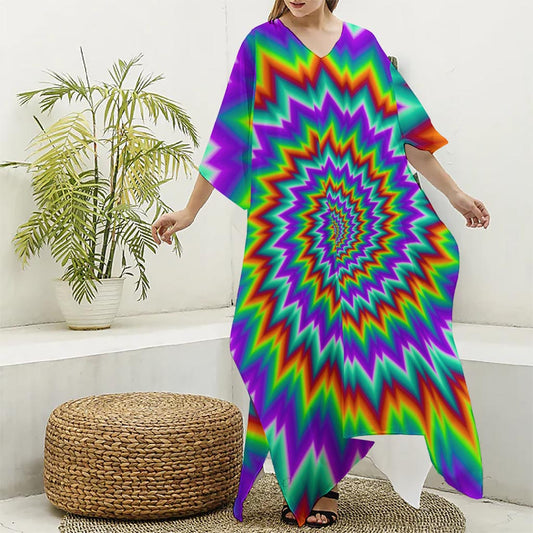 Psychedelic Spiral Optical Illusion Silk V-Neck Kaftan Dress